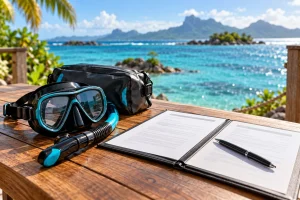 Masque de plongée et dossier d’assurance illustratif posés face à un lagon