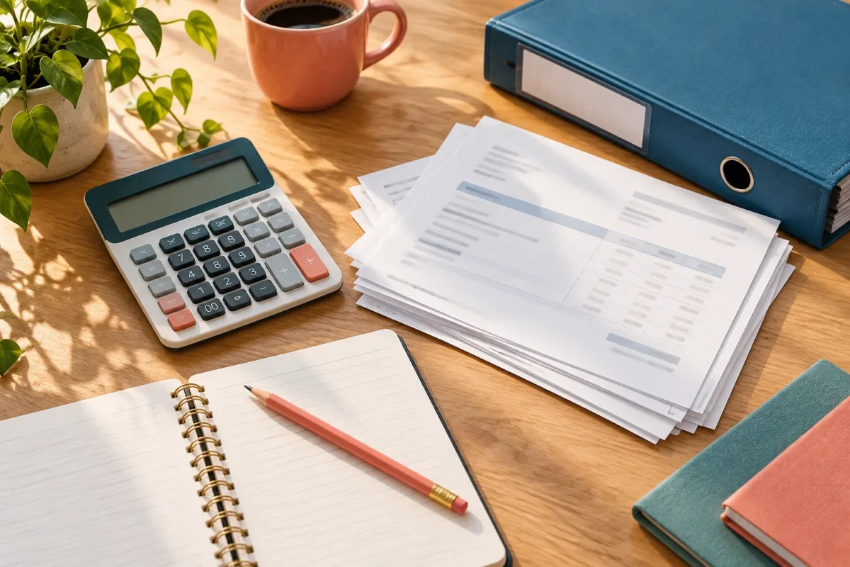 Calculatrice, pièces justificatives et carnet pour préparer un budget prévisionnel.