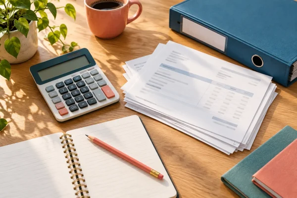 Calculatrice, pièces justificatives et carnet pour préparer un budget prévisionnel.
