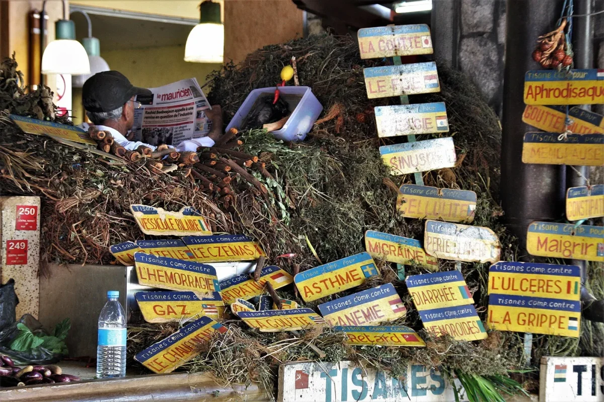 Herbal tisanes for several ailments on sale at the Central Market, Port Louis, Mauritius