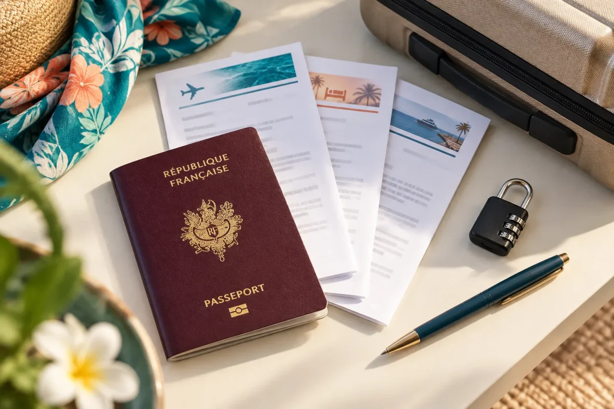 Passeport et documents de voyage préparés avec une valise.